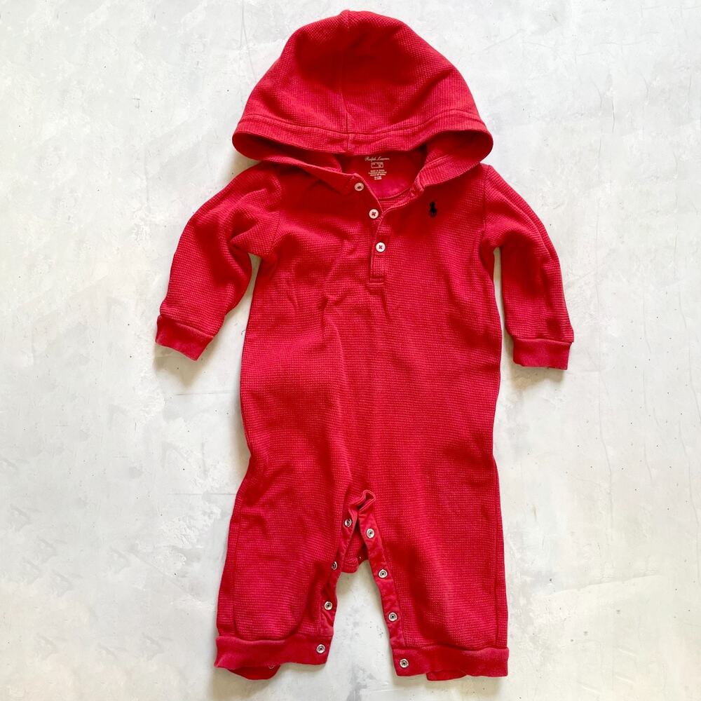 Ralph Lauren Preppy Baby Academia Red Waffle Knit Hooded Henley Romper 9M